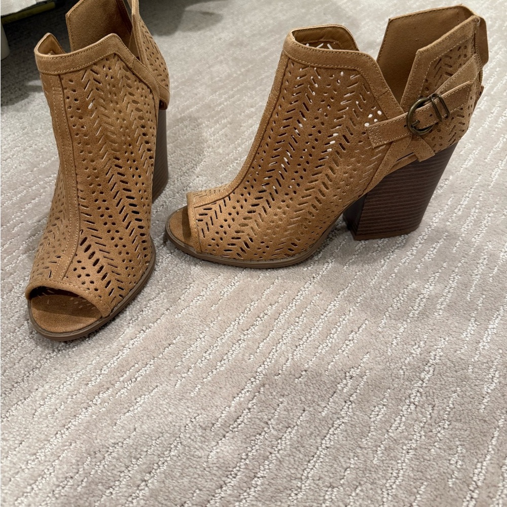 Women's Tan Peep-Toe Ankle Boots